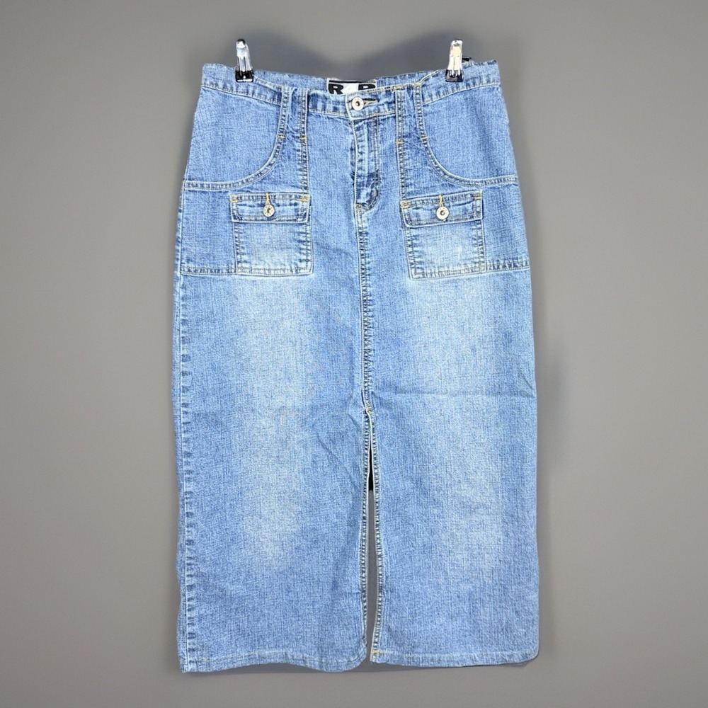 R4R Denim Maxi Skirt With Front Slit Size 11 Blue Lighter Wash‎ VTG